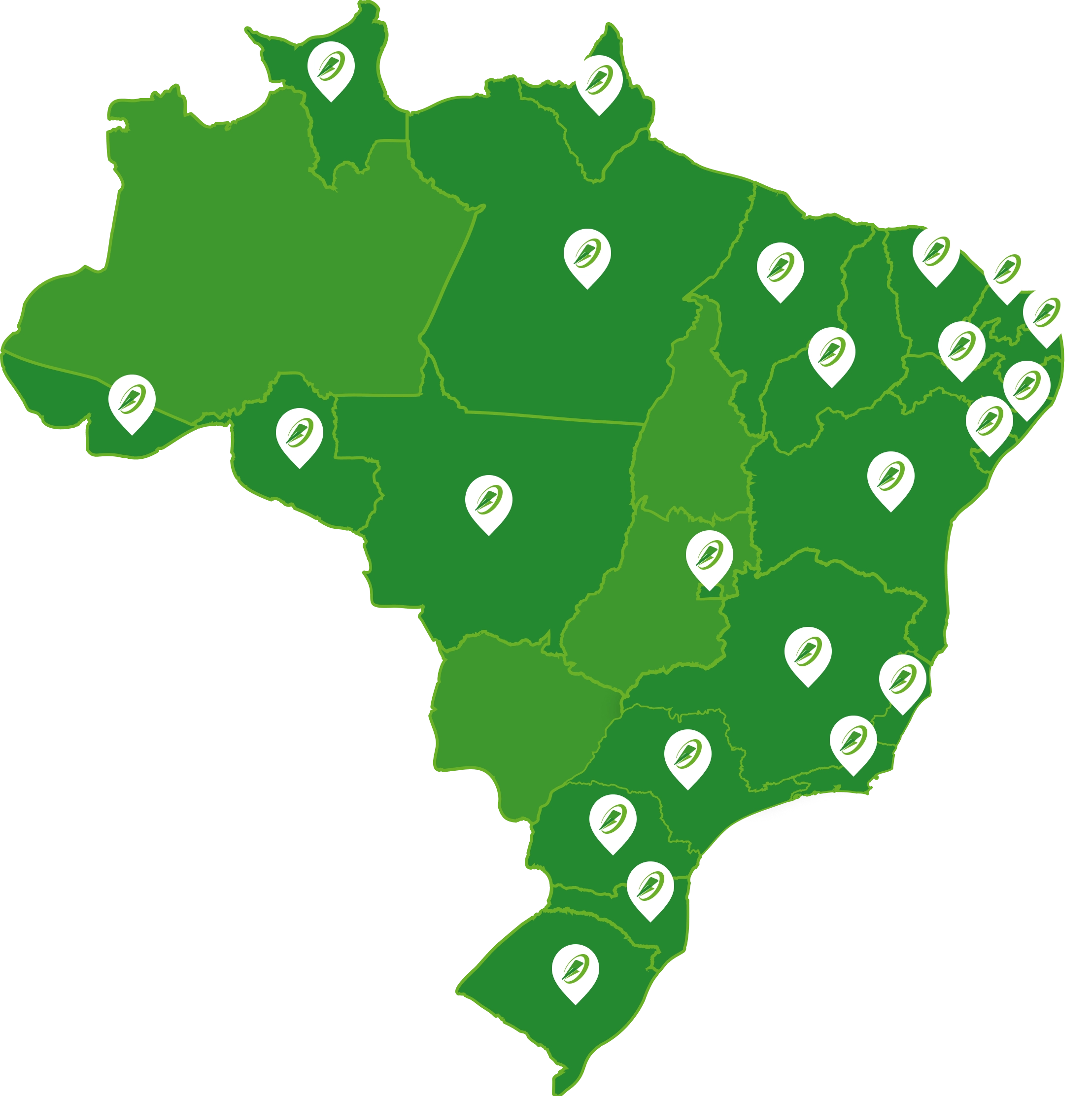 Mapa do Brasil com todas as localizações das lojas marcadas com um ponteiro