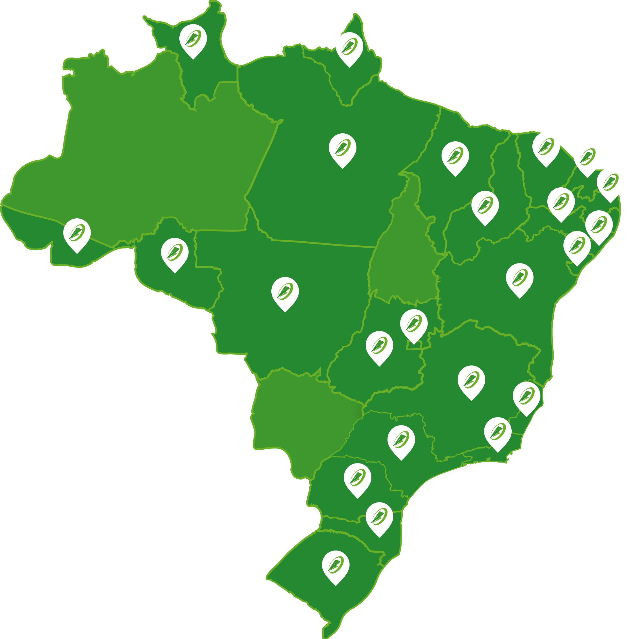 Mapa do Brasil com todas as localizações das lojas marcadas com um ponteiro